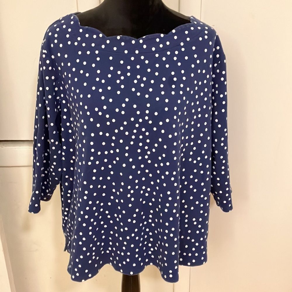 Croft & Barrow blouse: blue with white polka dots, size 2X.